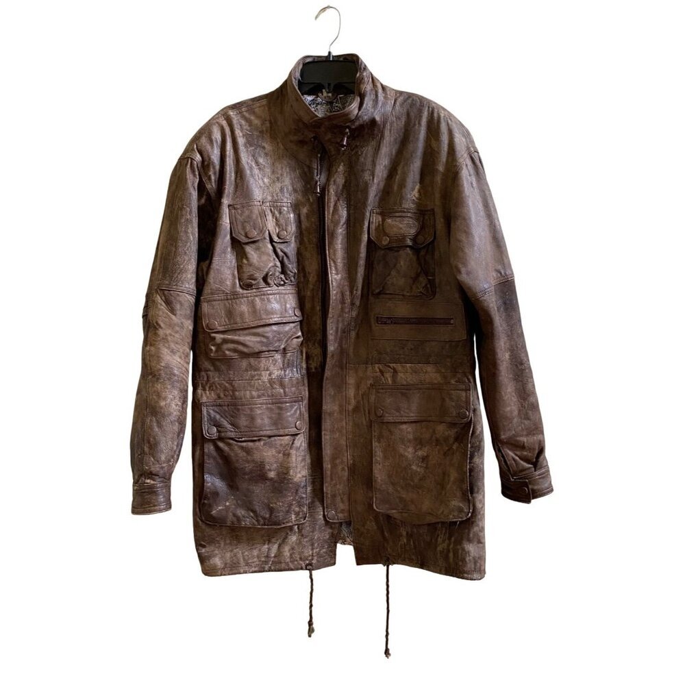 Vintage Brown Leather Parker Coat With Printed Lining & Multiple Pockets.